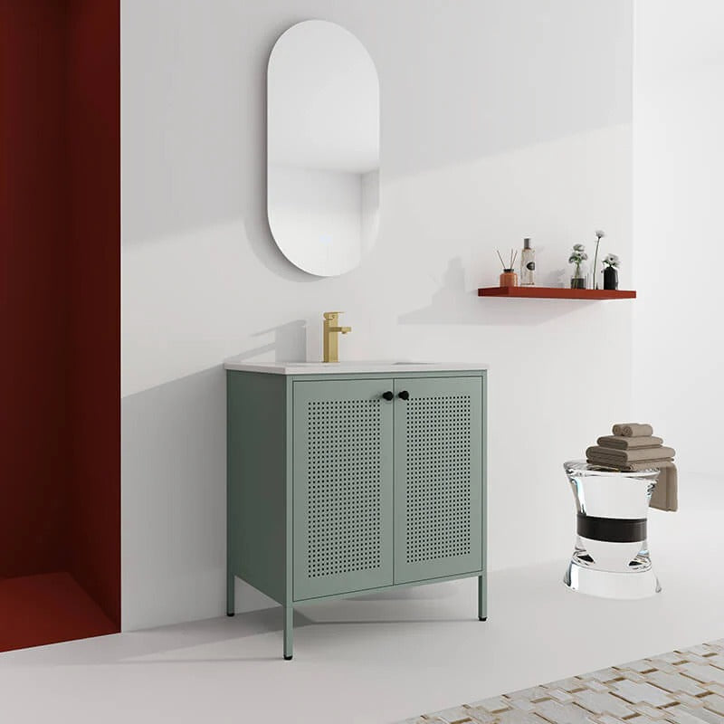 30" Mint Green Steel Bathroom Vanity with Ceramic Sink and Mesh Doors