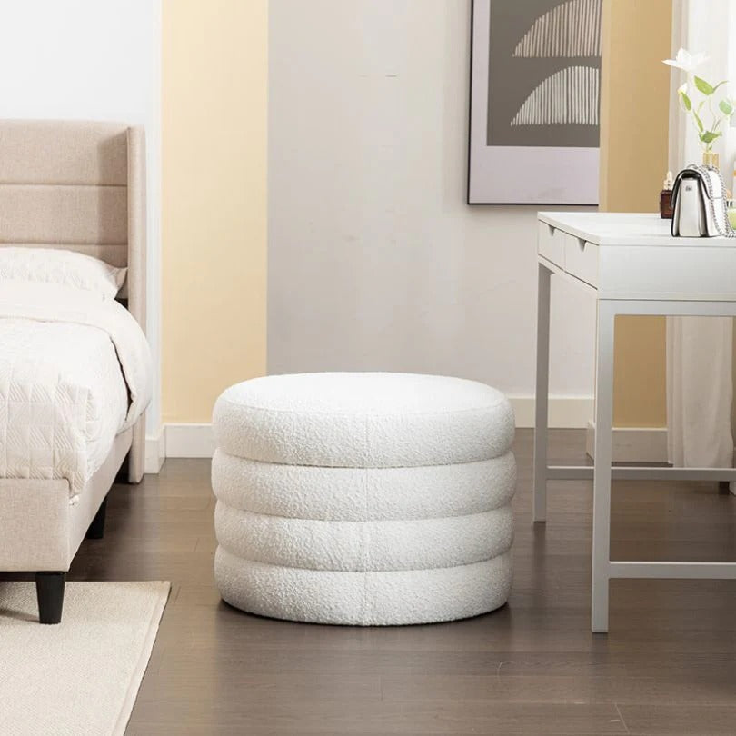 Pouf ottoman rond en boucle souple ivoire avec espace de rangement