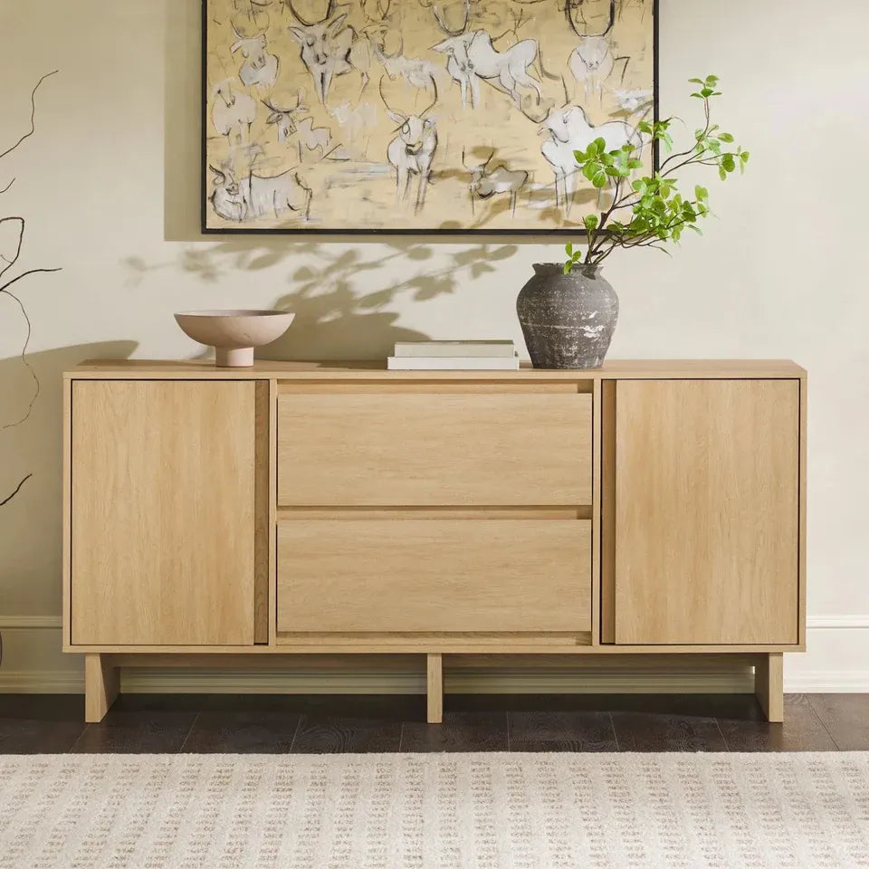 Natural 63" Coastal Oak Sideboard with Beveled Drawers & Cord Cutout