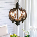 Vintage farmhouse wood candelabra pendant light with six candle-style bulbs - Elirian