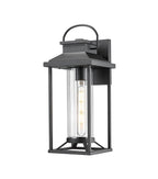 Modern black outdoor wall light with clear glass cylinder and metal frame - Elirian