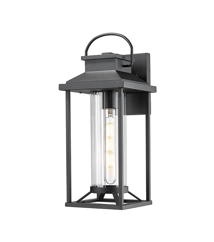Modern black outdoor wall light with clear glass cylinder and metal frame - Elirian