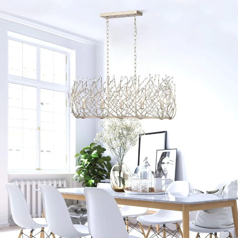 Vintage silver crystal chandelier with five lights above modern dining table - Elirian