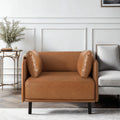 Vintage brown faux leather lounge chair with rolled arms and black steel legs - Elirian