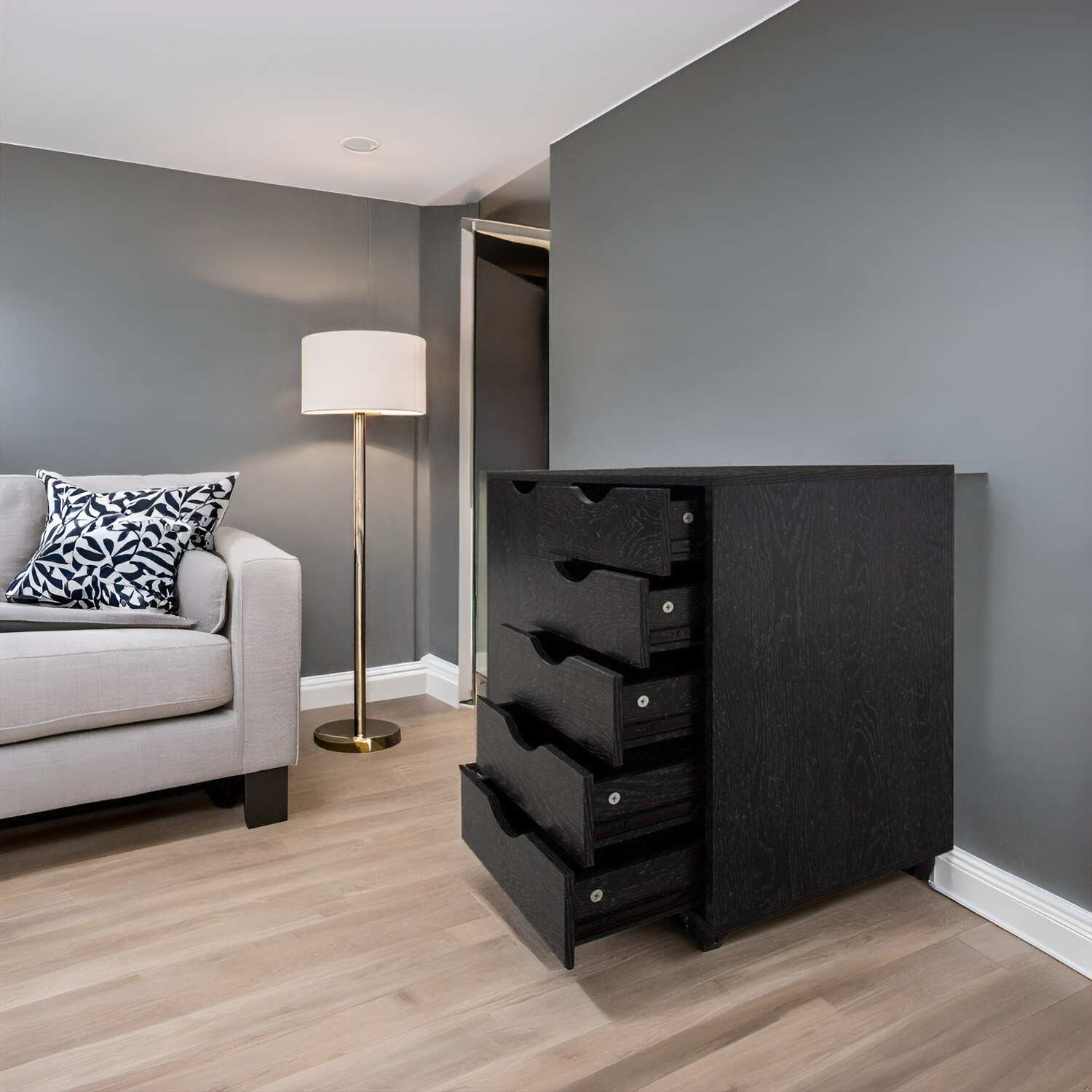 Black 5-Drawer Office Storage Cabinet on Wheels with Door