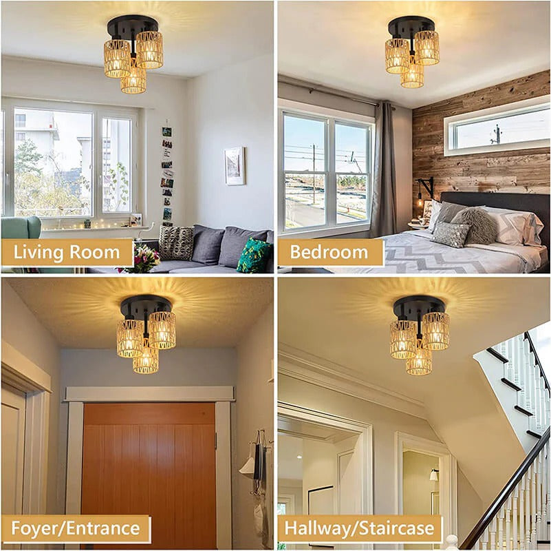 3-light hand-woven rattan flush mount ceiling light in modern living room, bedroom, foyer and hallway spaces - Elirian