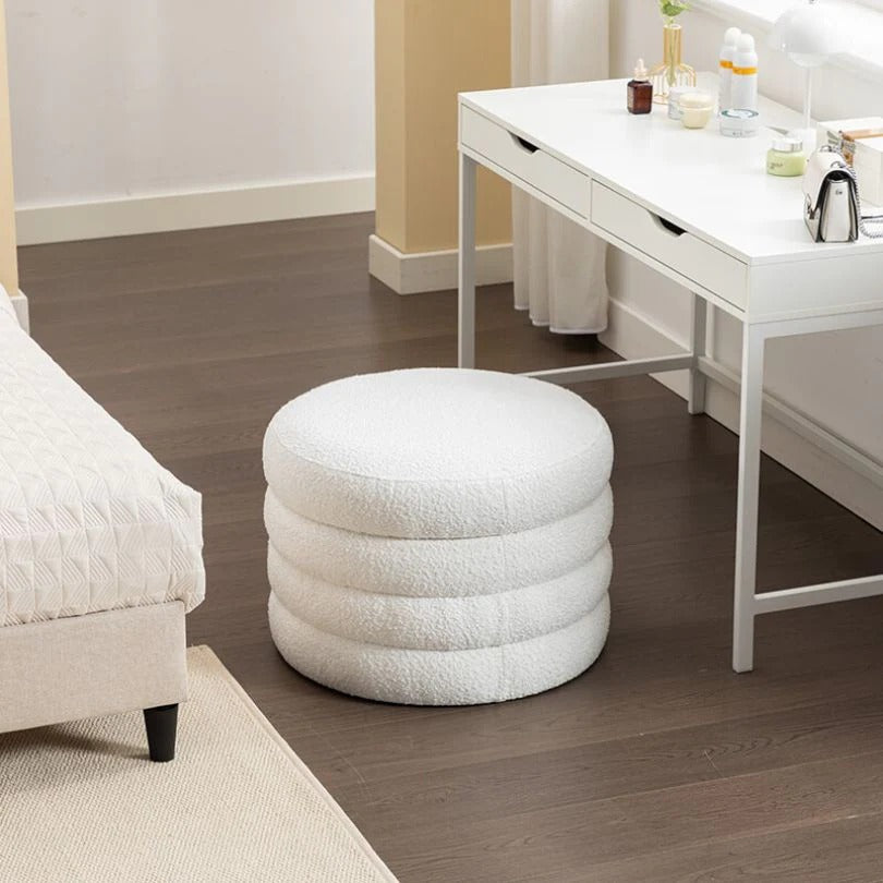 Pouf ottoman rond en boucle souple ivoire avec espace de rangement