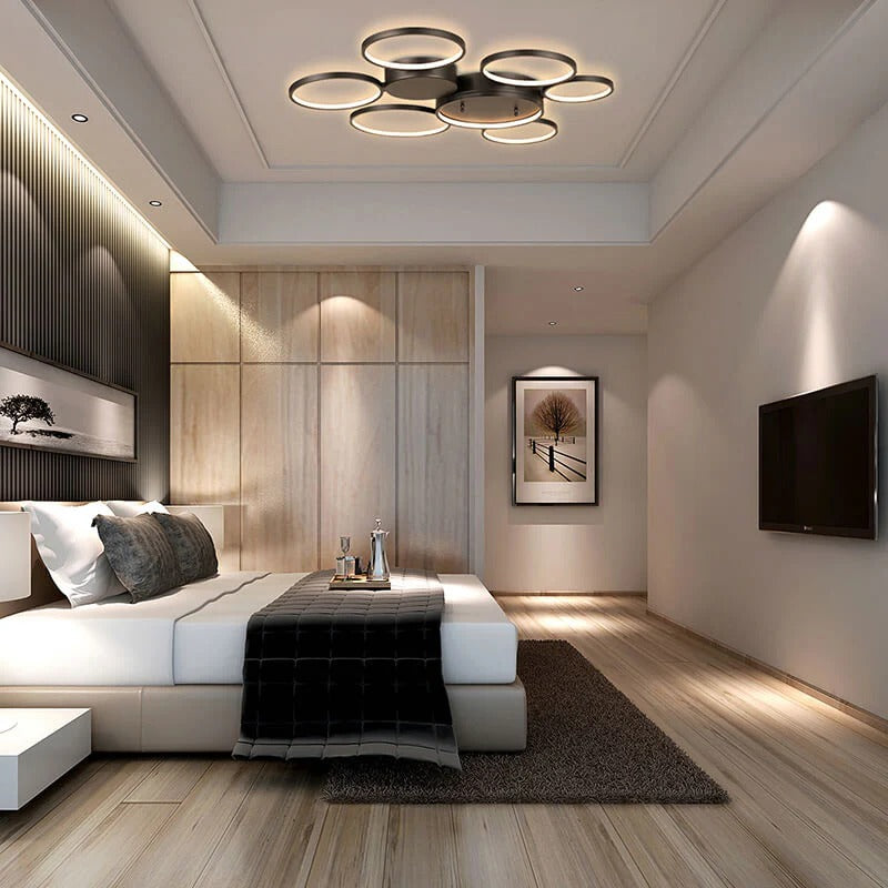 Modern black 6-ring LED flush ceiling light fixture with remote control for contemporary bedroom - Elirian