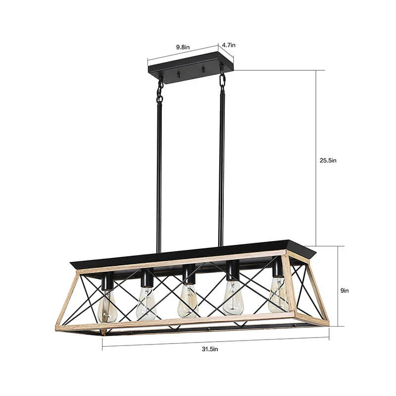 Farmhouse Oak Wood Metal 5-Light Linear Pendant Island Lighting Fixture - Elirian