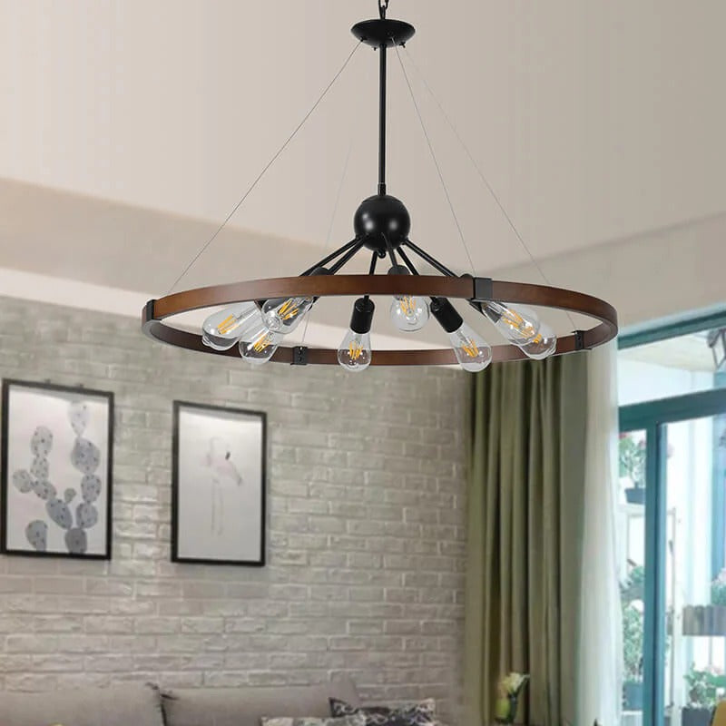 Walnut and black farmhouse wagon wheel pendant light with eight vintage bulbs - Elirian