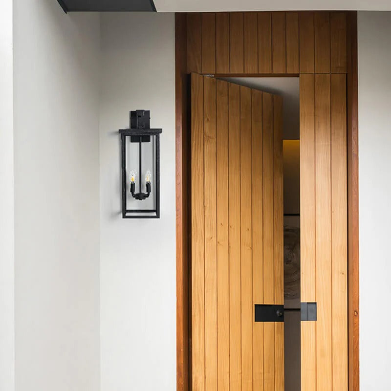 11.2" Black Candle-Style Outdoor Wall Light with Glass Panels & 4 Lights