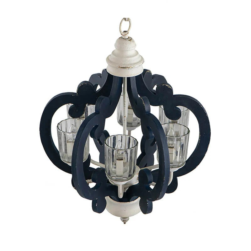 Blue wood and iron six-light farmhouse pendant chandelier with scrolled arms - Elirian