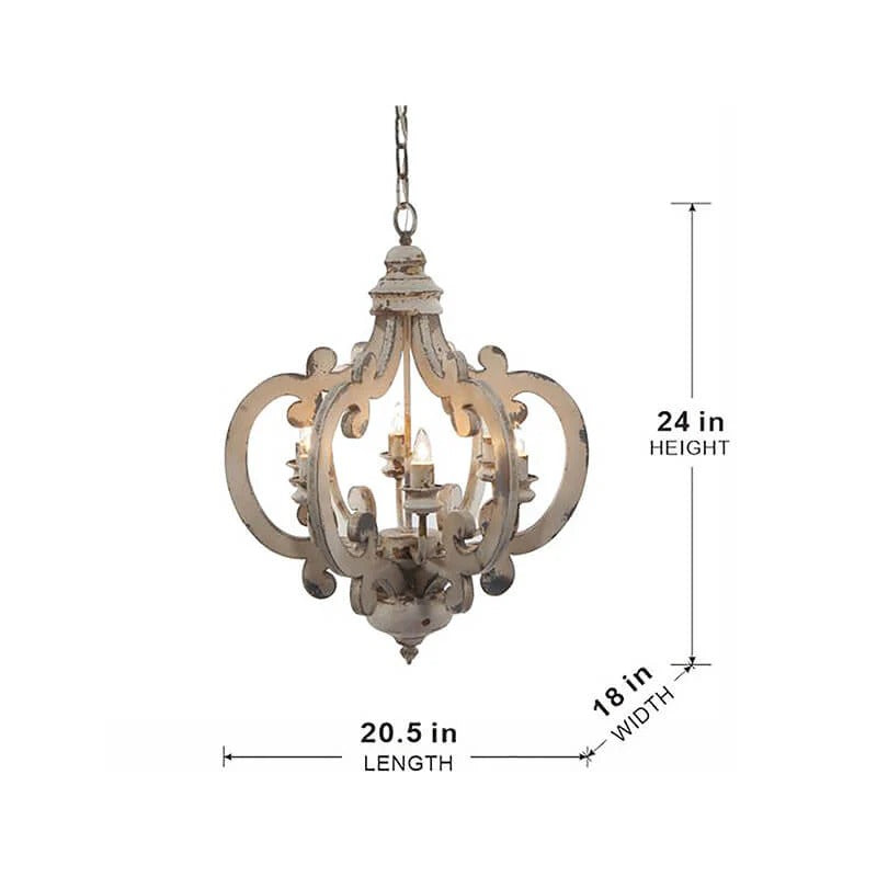 Antique White Wood & Iron 6-Light Farmhouse Pendant Light with Scrolled Arms