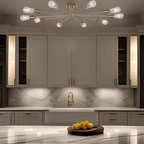 Modern brushed gold sputnik semi-flush ceiling light fixture with ten clear glass shades - Elirian