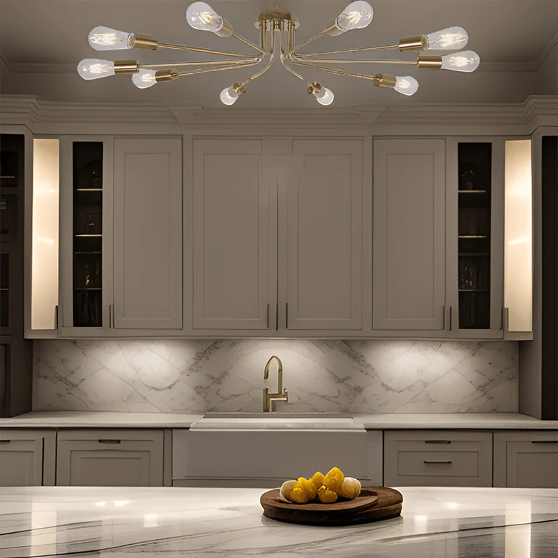 Modern brushed gold sputnik semi-flush ceiling light fixture with ten clear glass shades - Elirian