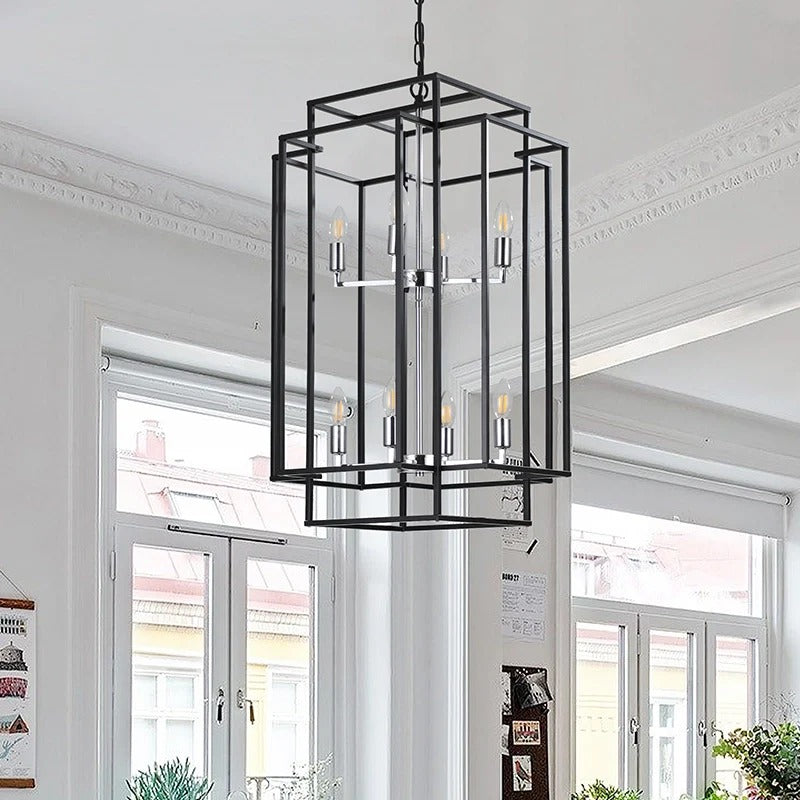 18" Farmhouse Black & Silver Tiered Lantern Chandelier with 8 Lights