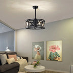 Industrial matte black caged ceiling fan with integrated light and remote control - Elirian