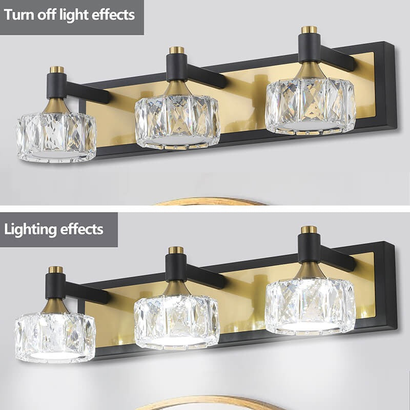Crystal brushed gold LED bathroom vanity light 3-light wall fixture comparison - Elirian