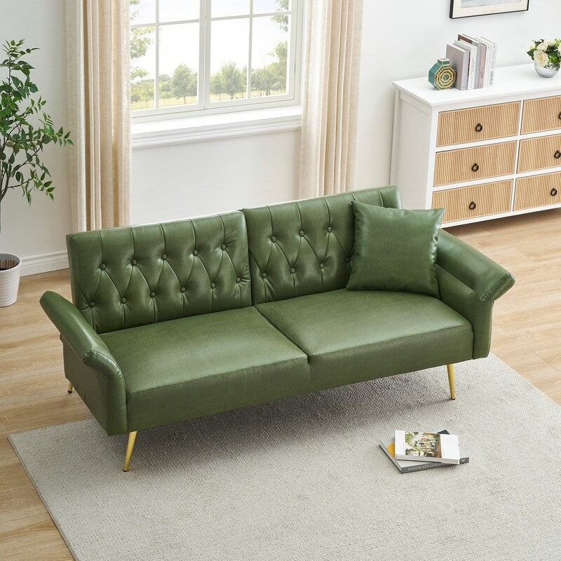 Green Waterproof Upholstered Leather Sofa Bed with Tufted Convertible Design