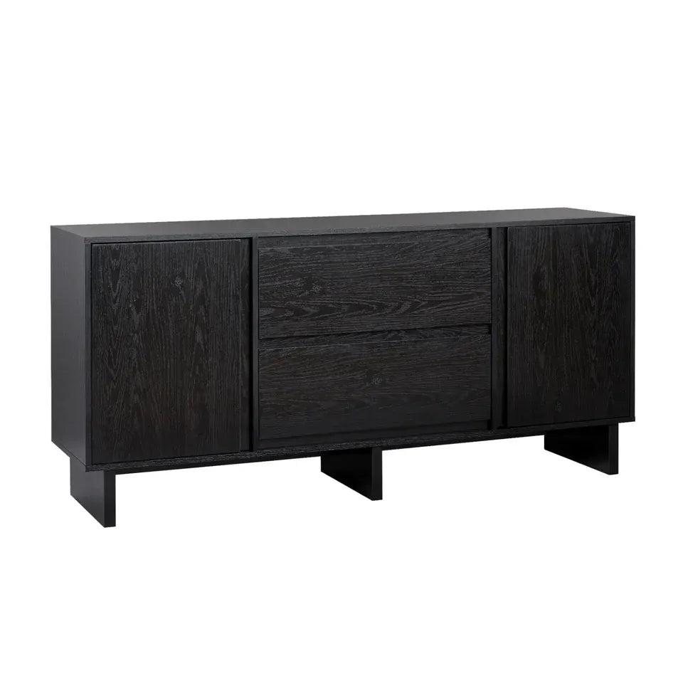 Schwarzes 160 cm breites Sideboard aus Küsteneiche mit abgeschrägten Schubladen und Kabeldurchführung