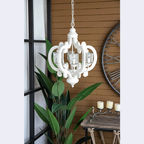 Farmhouse cream wood pendant light with six glass candle holders and ornate scroll details - Elirian