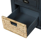 Banc de rangement d'entrée bleu antique avec 3 paniers en rotin et 3 tiroirs