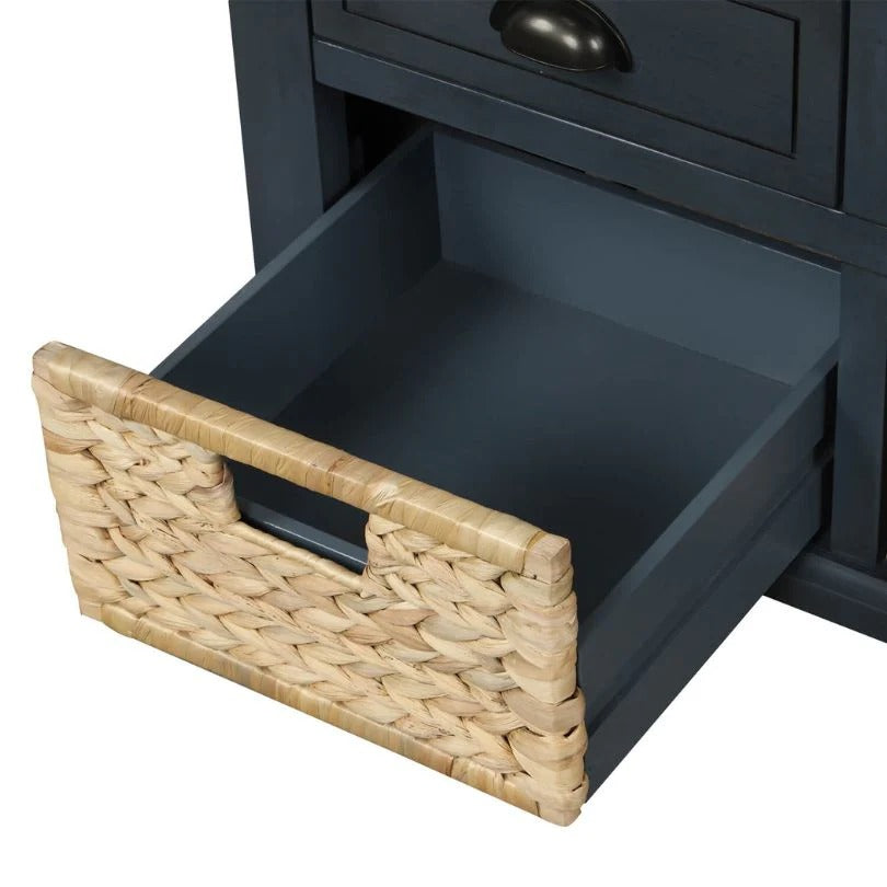 Banc de rangement d'entrée bleu antique avec 3 paniers en rotin et 3 tiroirs