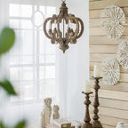 Beige brown farmhouse wood candelabra pendant light with six candle-style lights - Elirian
