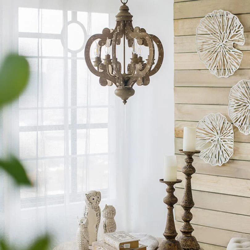 Beige brown farmhouse wood candelabra pendant light with six candle-style lights - Elirian