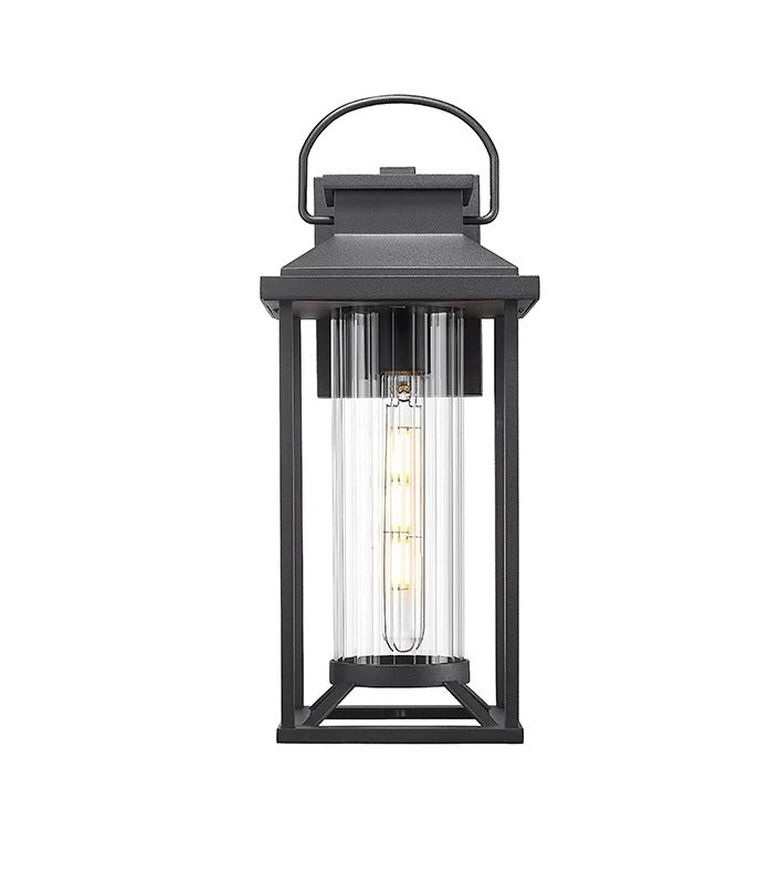 Modern black outdoor wall light with clear glass cylinder and metal frame - Elirian