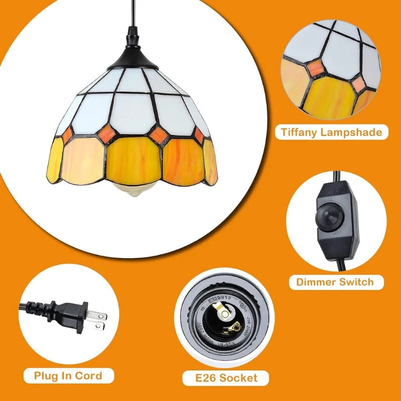 Handcrafted Stained Glass Pendant Light with 16.4 Ft Plug-In Cord & Dimmer Switch