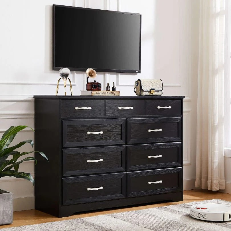 Nine-Drawer Black Wood Dresser with White Antique-Style Handles