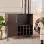 Mid-Century Brown Rectangular Wine Cabinet with 15 Wine Cubbies & Storage
