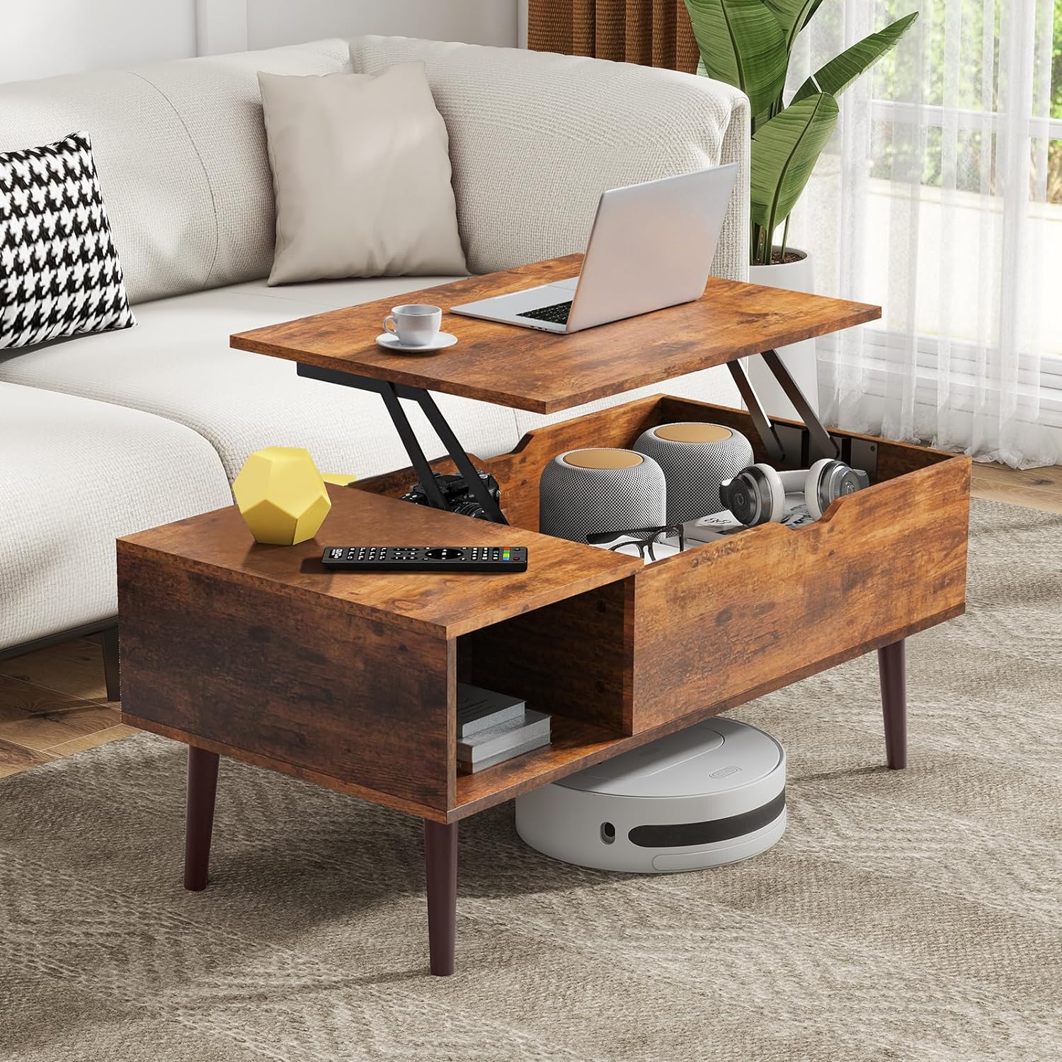 Modern Rustic Brown Wooden Lift-Top Coffee Table with Storage & Shelf