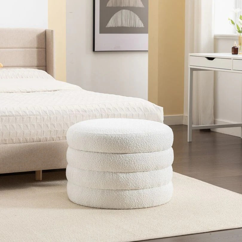 Pouf ottoman rond en boucle souple ivoire avec espace de rangement