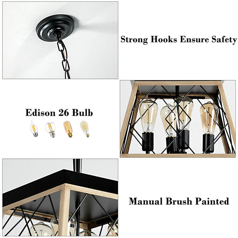 Farmhouse pendant light with oak frame, black metal accents, Edison bulbs - Elirian