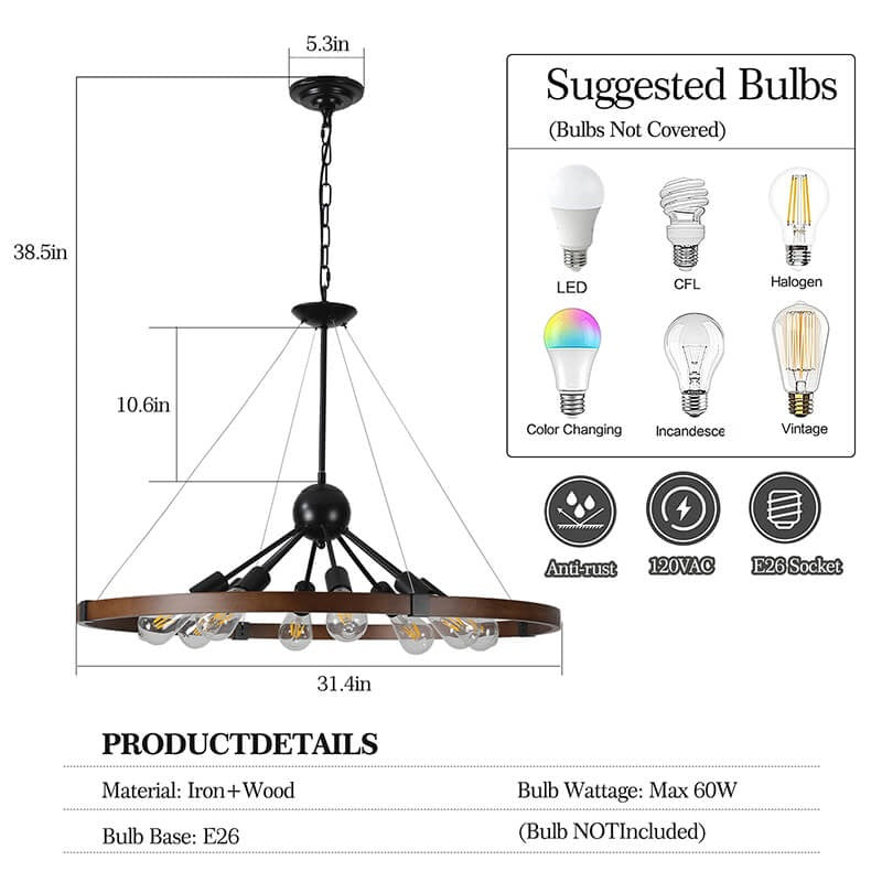 Walnut black farmhouse wagon wheel pendant light with bulb specifications - Elirian