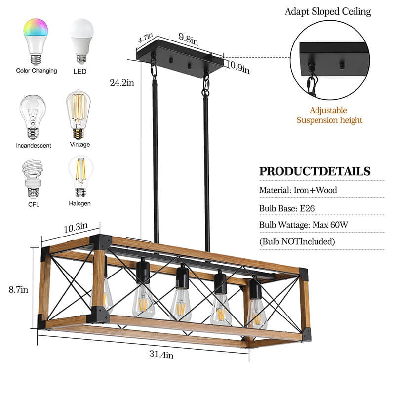Farmhouse 5-Light Walnut and Black Pendant Light with Adjustable Suspension - Elirian