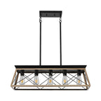Farmhouse oak wood metal linear pendant light with five glass shades for kitchen island - Elirian