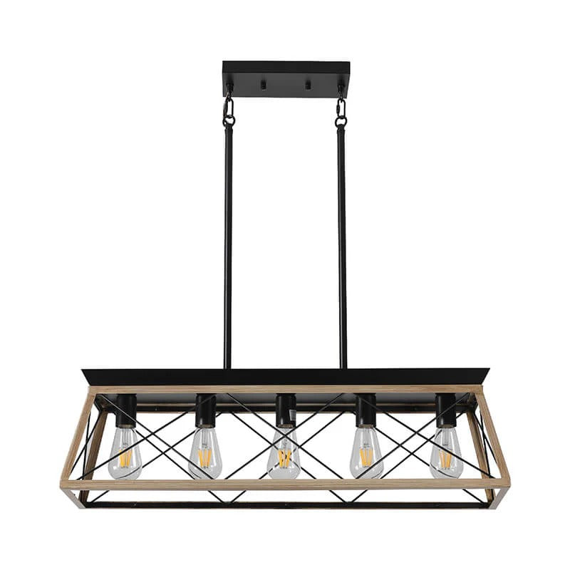 Farmhouse oak wood metal linear pendant light with five glass shades for kitchen island - Elirian