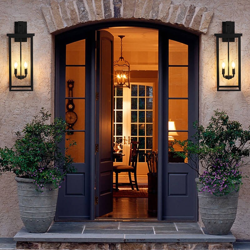 11.2" Black Candle-Style Outdoor Wall Light with Glass Panels & 4 Lights