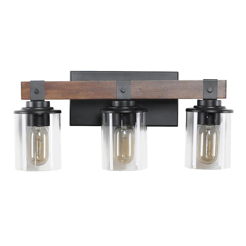 Three-light rustic bathroom vanity fixture with clear glass shades and wood beam - Elirian