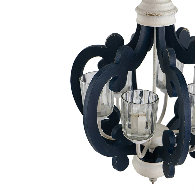 Blue wood and iron farmhouse pendant light with scrolled arms and glass holders - Elirian