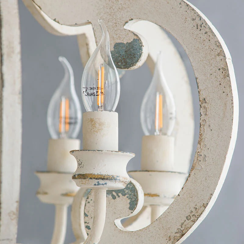 Antique White Wood & Iron 6-Light Farmhouse Pendant Light with Scrolled Arms