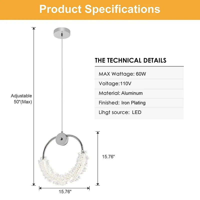 Modern crystal glass LED pendant light with adjustable chrome finish - Elirian