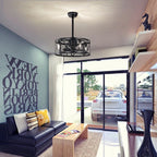 Industrial matte black caged ceiling fan with light in modern living room - Elirian