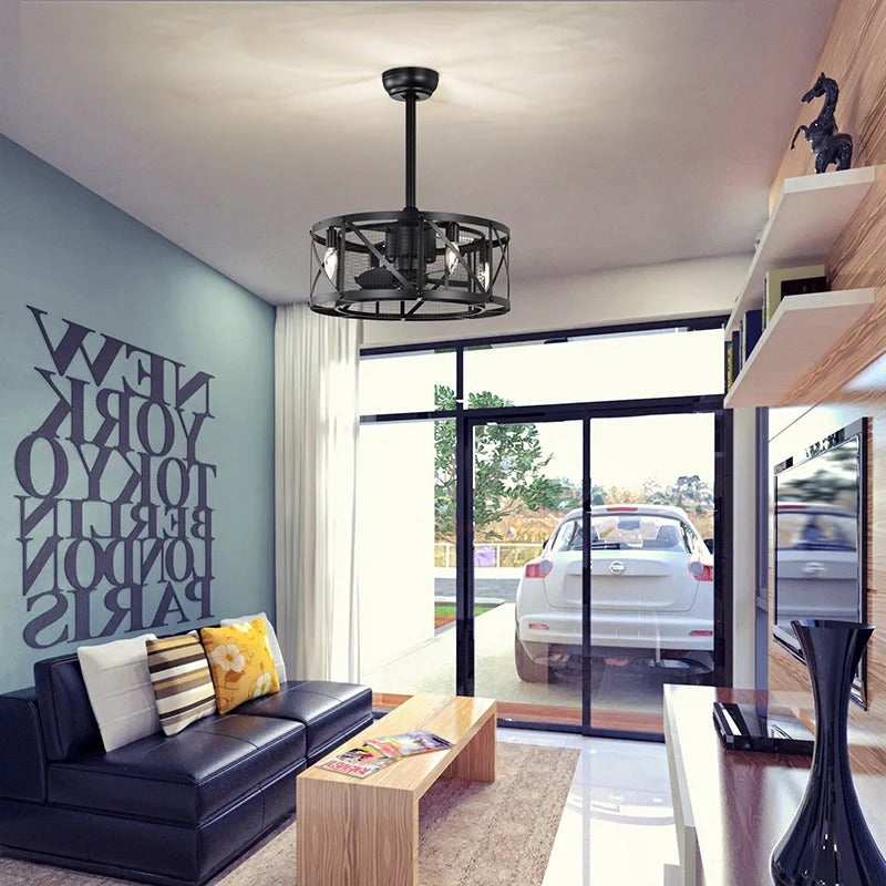 Industrial matte black caged ceiling fan with light in modern living room - Elirian