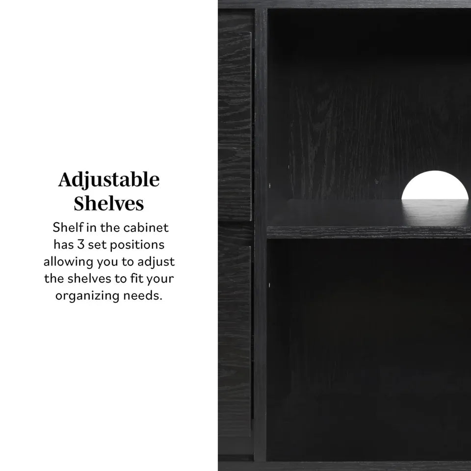 Schwarzes 160 cm breites Sideboard aus Küsteneiche mit abgeschrägten Schubladen und Kabeldurchführung
