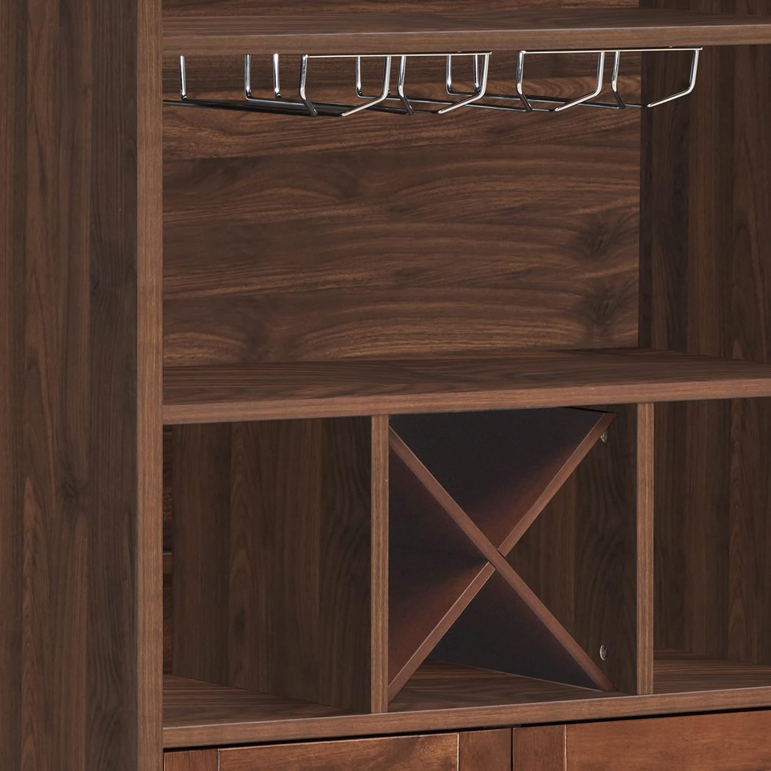 Farmhouse wooden wine cabinet with X-shaped rack and glass holder storage - Elirian