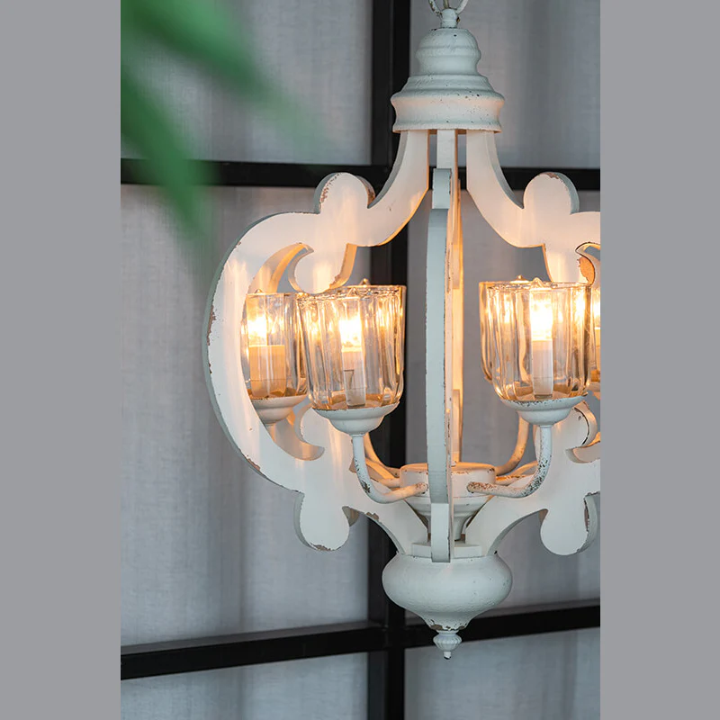 Farmhouse cream wood candelabra pendant light with amber glass shades - Elirian